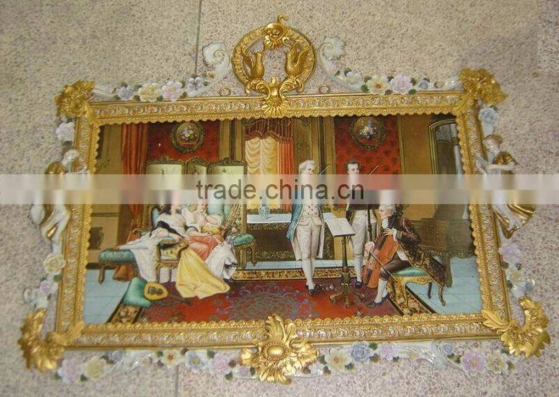 Floral Ceramic and Gold Plated Copper Mounted Framed Wall Hanging Art Fresco, Wall Mural