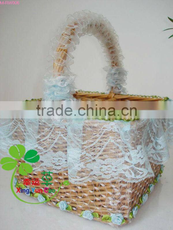 Natural Wicker bottle basket with laced rim and handle (factory supplier)