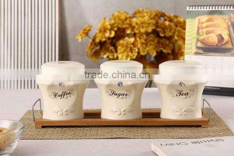 ceramic porcelain canister set,ceramic tea sugar coffee jar, ceramic canister,airtight canister with bamboo lid
