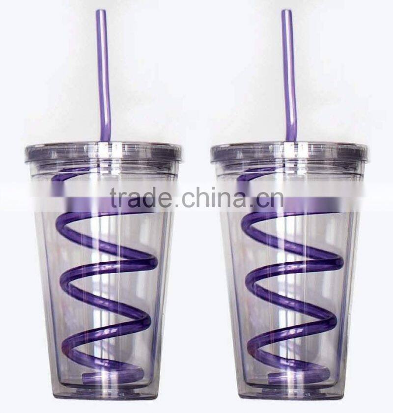 Single wall Insulated Plastic Drink Cup Glass w Curly Crazy Straw Travel Tumbler