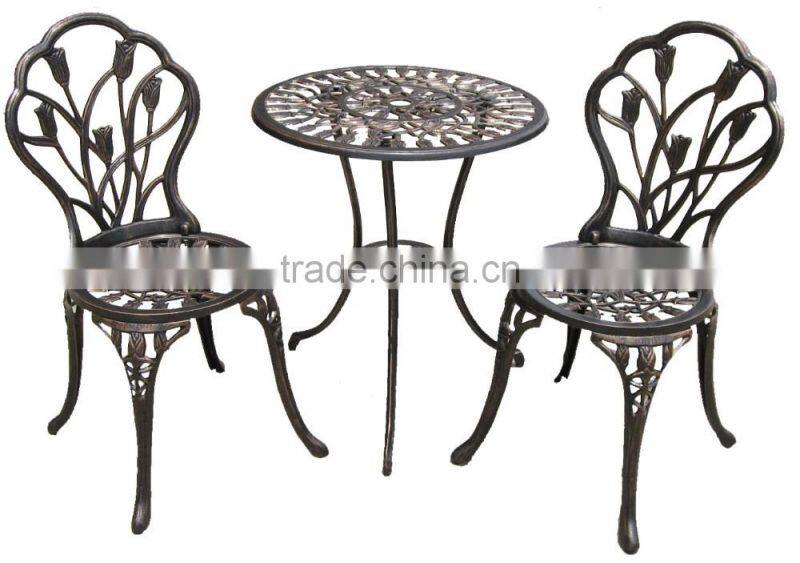 Manufacturer supply the cast Aluminum garden metal bistro set garden metallic table and chair for hot sale