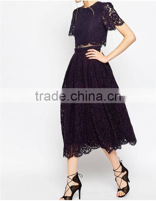 China Guangzhou clothing OEM Scalloped edges Round neckline Crop top Mesh insert Midi women dress