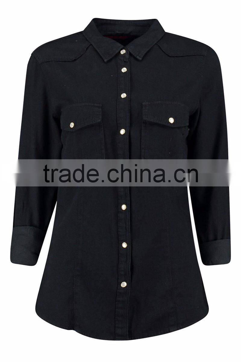 wholesale plain blank custom women black roll sleeve shirts slim fit denim jean shirts