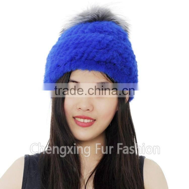 CX-C-239K Cute Style Mixed Color Knitted Cross Grain Real Mink Fur Warm Hats With Fox Fur Pom Pom