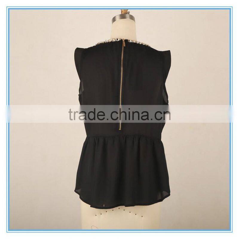 Ladies Chiffon Blouse Flounced Hem Pearl Beaded Neck Design Sleeveless Blouse