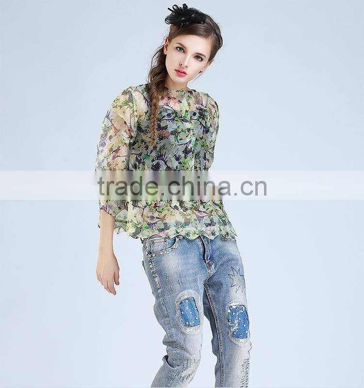 2015 HOYUGO summer organza printed sexy blouses