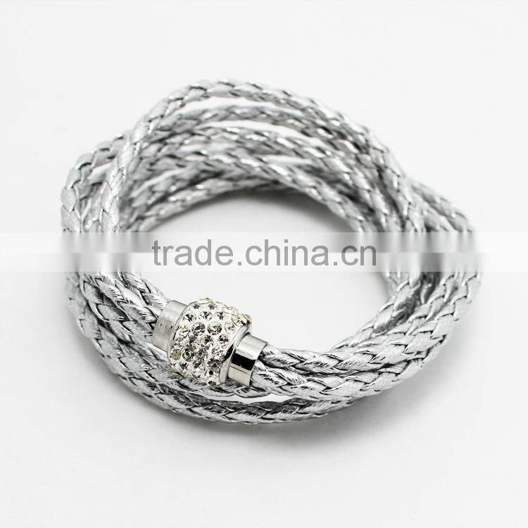 Leather Wrap Wristband Cuff Punk Magnetic Rhinestone Buckle Bracelet Bangle