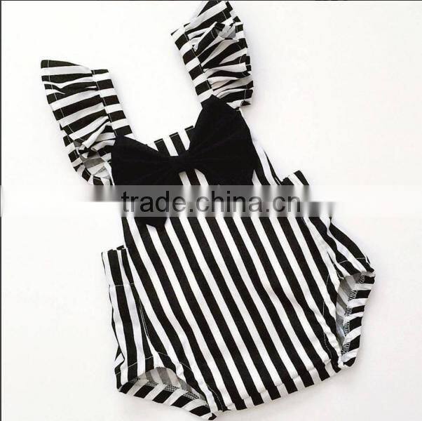 Soft 0-24 Months Baby Rompers Girls Wholesale Toddler Stripe Design Ruffle Sleeve Bodysuit With Bow