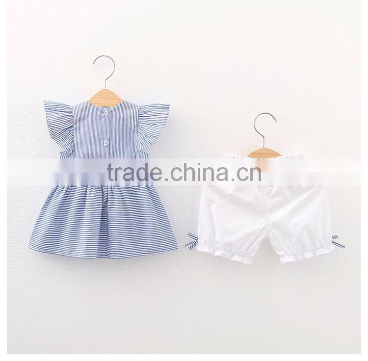Child 2017 summer new Korean fashion outfit 2pcs set baby flutter sleeve dress white shorts cotton clothing for children