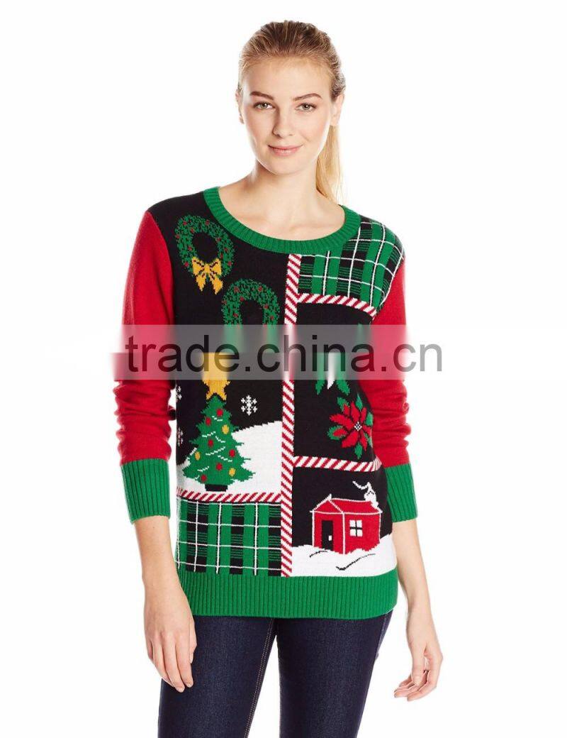 Women Geen Colorful Sweater Tree Pattern Acrylic Christmas Sweater