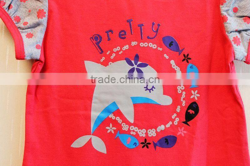Wholesale Dolphin Kids Girls 2 Pcs Set Printed Knitted Short Sleeve Top Red Girls Clothing Set TP-7721
