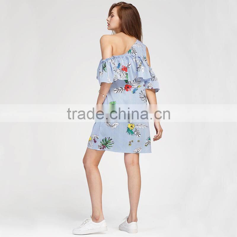Oblique Shoulder Layered dress, 2017 ladies blue floral print dress