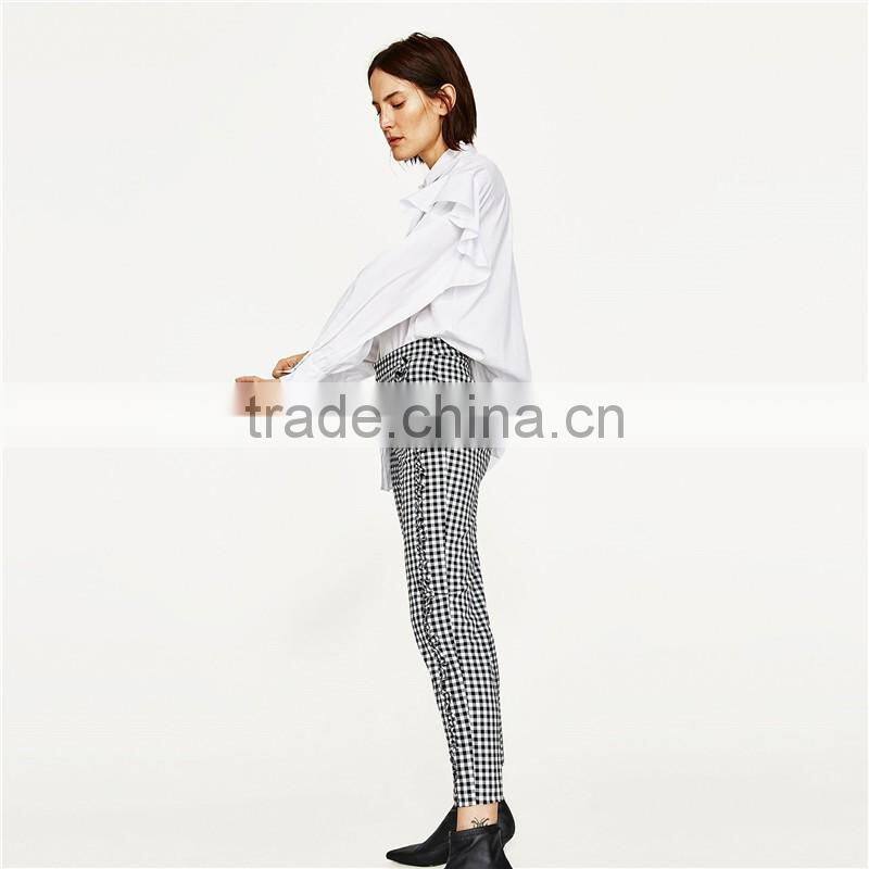 Spring Women Soft Slim Gingham Trousers