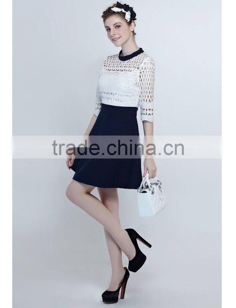 Office ladies white checked navy A line dress
