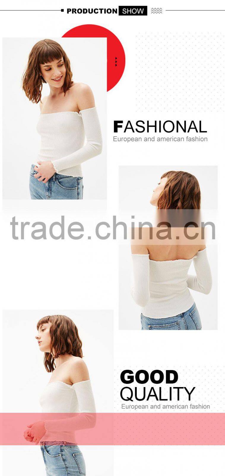 Alibaba wholesale fully fashioned acylic stylish long sleeve off the shoulder tight sweater for women