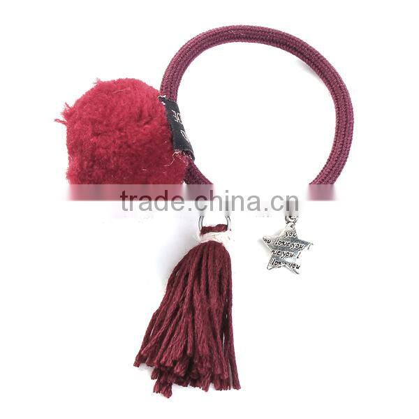 Tassel Wine Red Pom Ball Pattern Wool Elastic Hair Ties Ponytail Holder