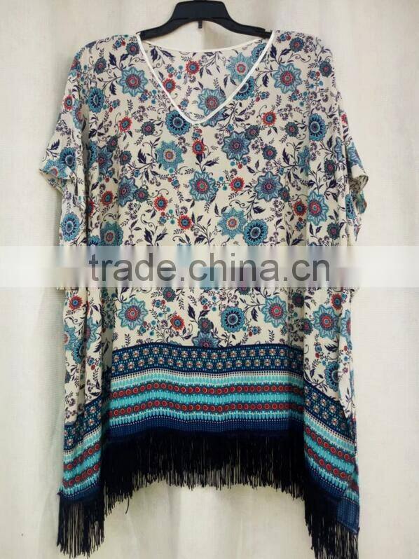 Hot sale ladies' fashion floral printed kimono with tassel viscose cotton soft blouses