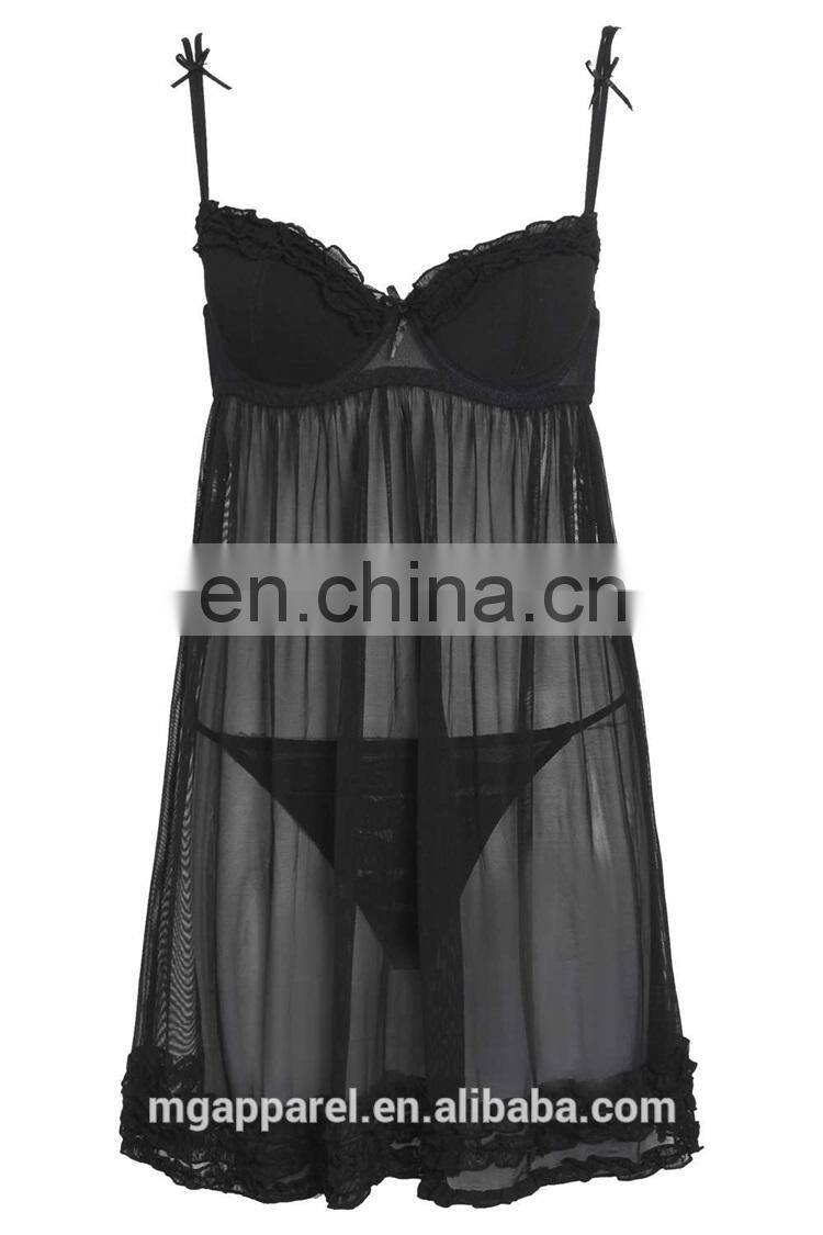 Tia back black ruffle detail sheer ladies night dress sex baby doll swing set