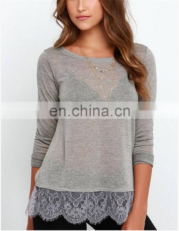 Wholesale 2016 New Fashion Lace Blouse Designs Lady Long Sleeve Sexy Floral Print Grey Blouse