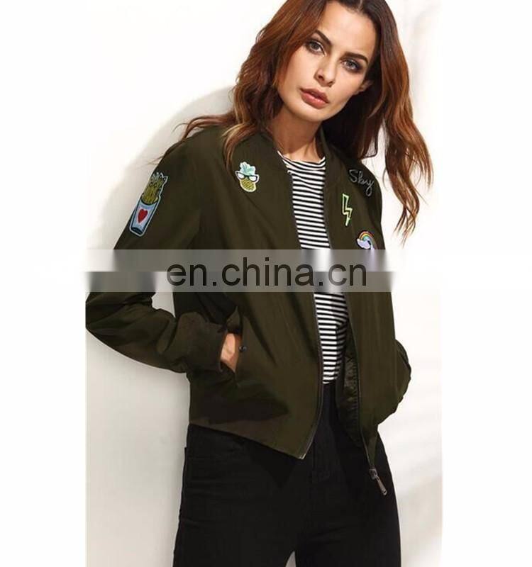Fashion Army green applique long sleeve biker jacket women