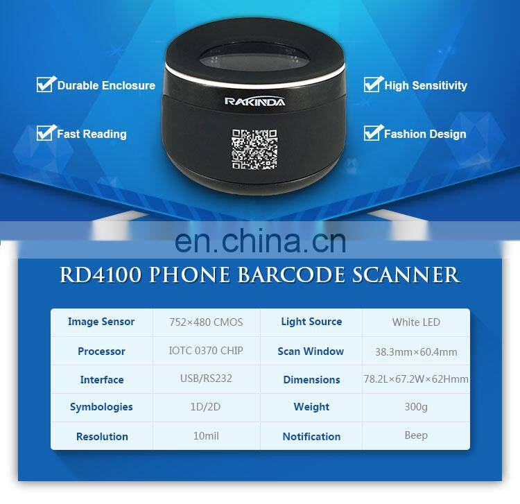 Rakinda Desktop 1D 2D Barcode Reader Scanner for Mobile Payment with USB and White LED Light Source