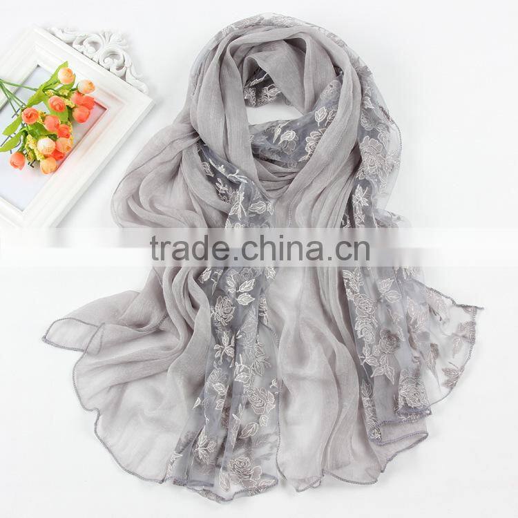 Korea Lady Fashion Flower Embroidery Double Layered Lace Chiffon Scarf
