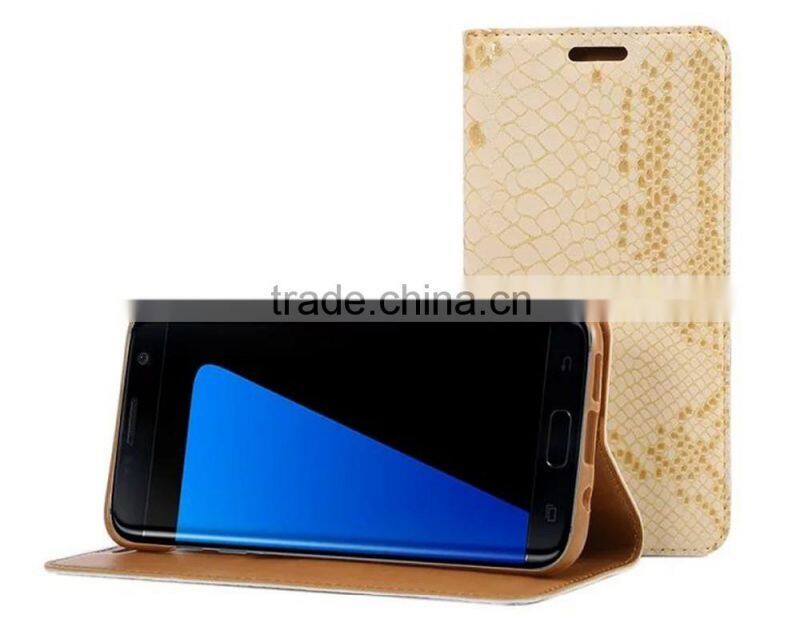 Premium PU Leather Snake Skin Pattern Card Pockets Case with Magnetic Flip Stand for Samsung S7 Edge, 5.5 inch