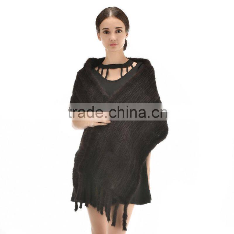 Hot Selling Style 2015 Fashionable Knitted Real Mink Fur Shawl with pockets
