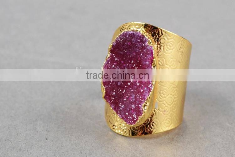Golden hammered wide druzy ring cocktail ring adjustable band gemstone ring with stone