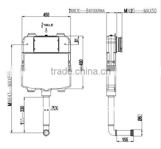 84mm thickness dual flush concealed in wall cistern tank for floor standing toilet from Xiamen