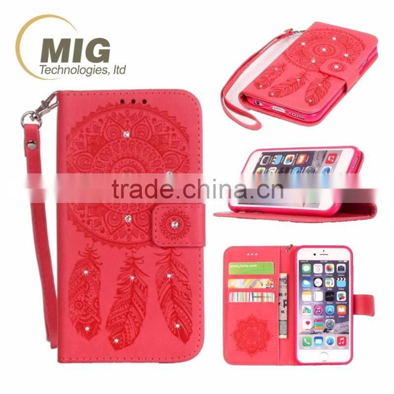 Diamond Flower wallet leather case with strap with inside TPU phone case for iphone 6 6S