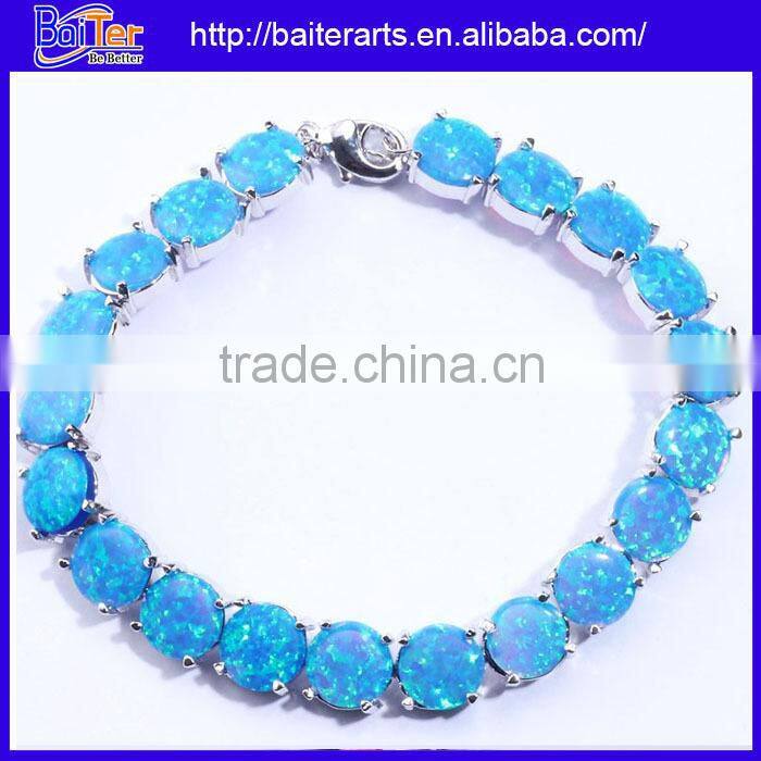 925 Sterling Silver Blue Inlay Opal Hamsa Hand Link Bracelet