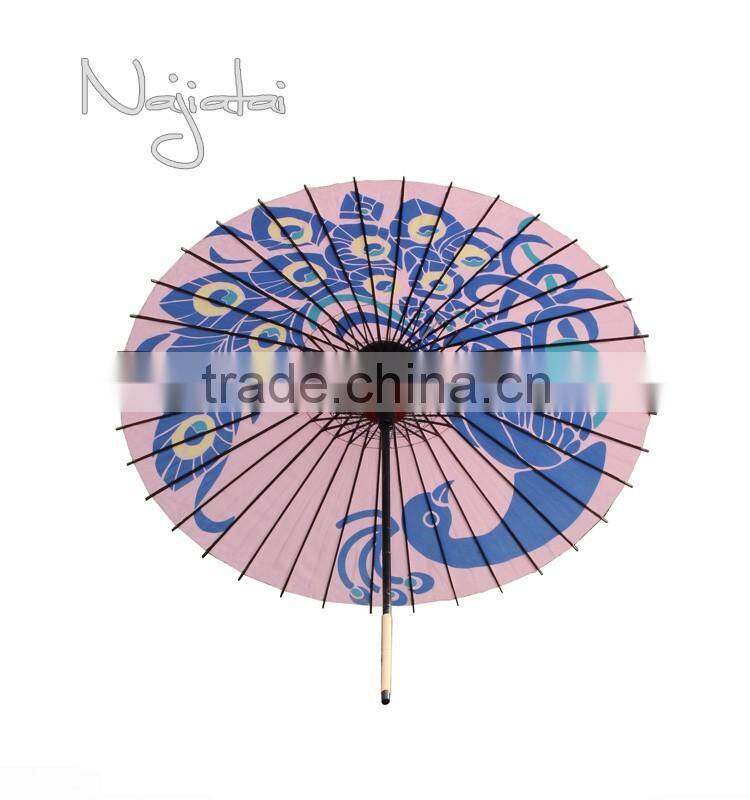 Peacock Pink Background Hand Painted Handmade Japanese Paper Umbrella