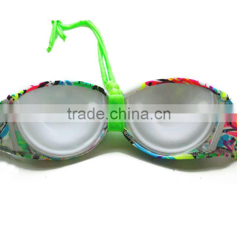 RELLECIGA Bandeau Bikini Series - Doodle Print 1/2 Cup Bandeau Top Girls Swimwear Bikini Neon Green Ties at Neck and Pearlish De