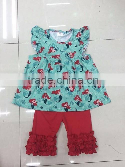 2016 China yiwu hot sale snowman olfa pearl dress top capri set early fall girls boutique clothing set