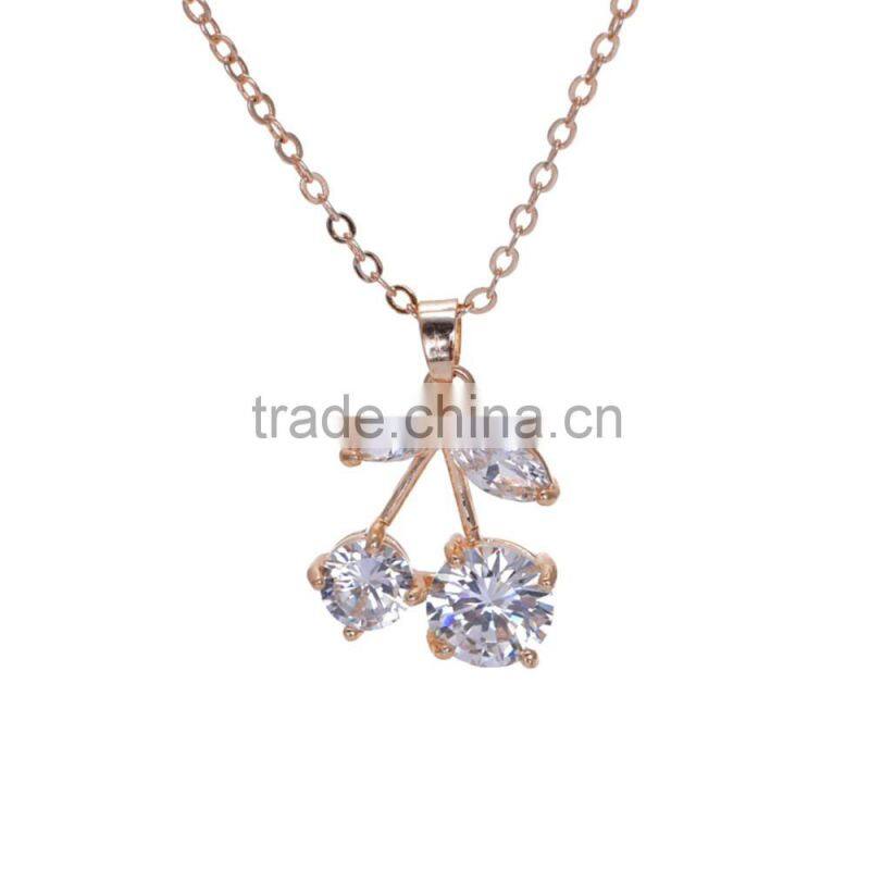 Lovely Cherry Charm Fashion Gold-Tone Clear Cubic Zirconic Necklace For Women