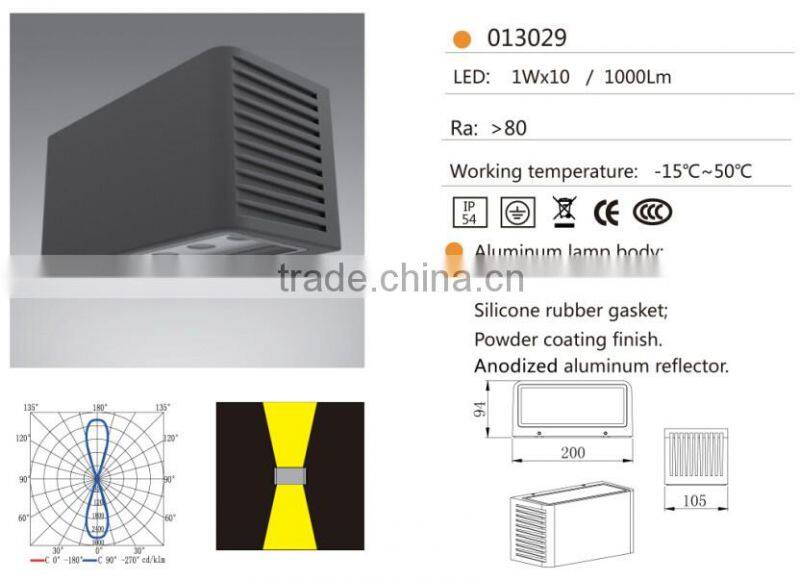 W-013029 1*10W LED IP54 waterproof outdoor wall square led lights ,led up down wall light