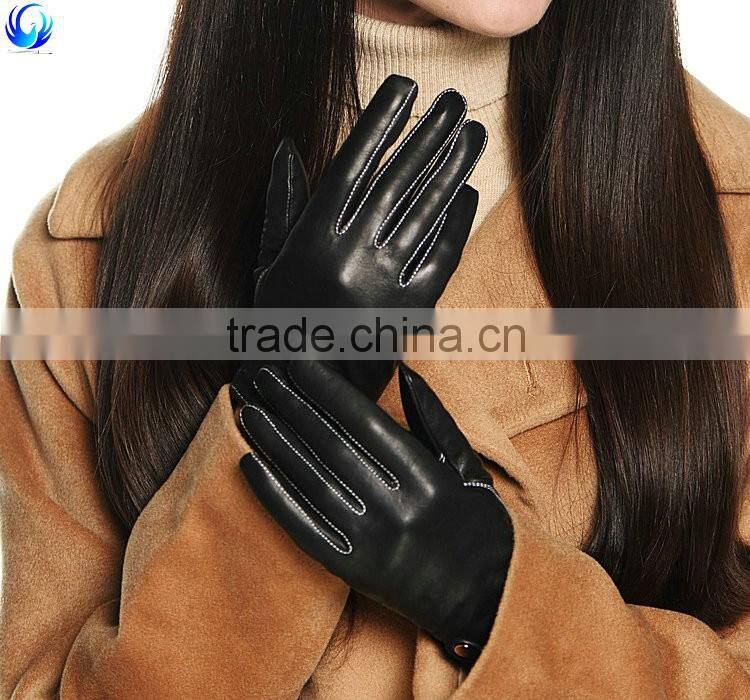 2016 new style ladies cashmere lined black genuine sheepskin leather touch gloves