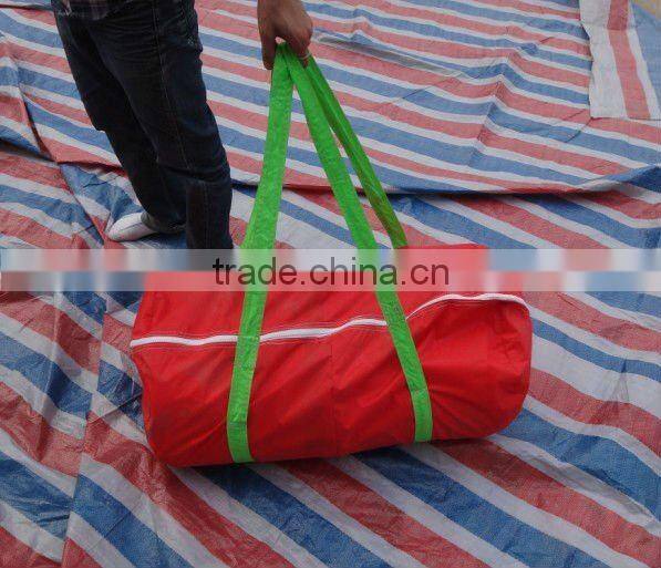 white inflatable arch with black words