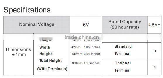VRLA valve regulated battery 6v4.5ah SLA lead acid battery for signal light