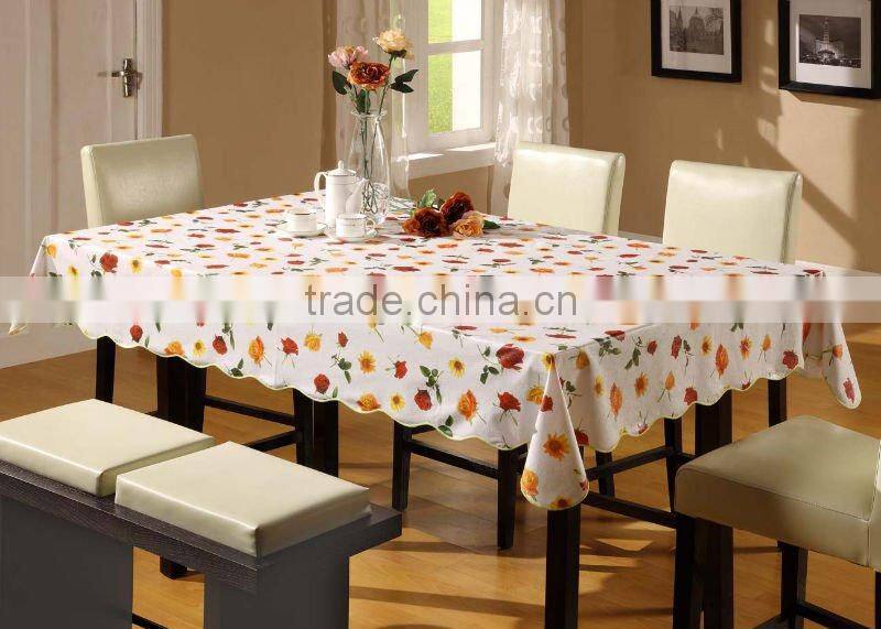 2015 newest printed rosette design plastic table cloth with lace/waved/straight edge