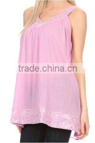 Sequin Embroidered Relaxed Fit Sleeveless V-Neck Top
