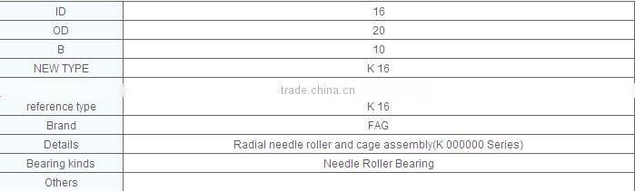 needle roller bearing K16 16x20x10mm