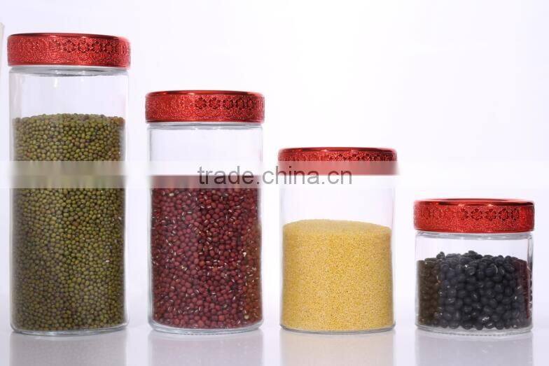 Set 4 Clear Round Glass Food Storage Jars with Red Plastic Lid