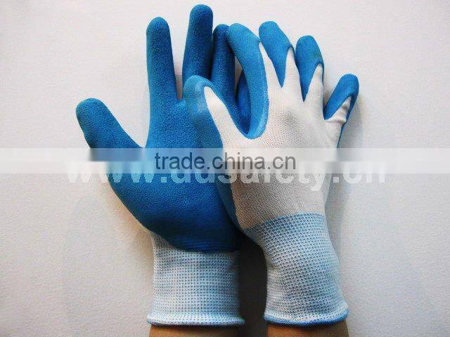 13G White Nylon Polyester Knitted Blue Foam Latex Coating on Palm Safety Gloves