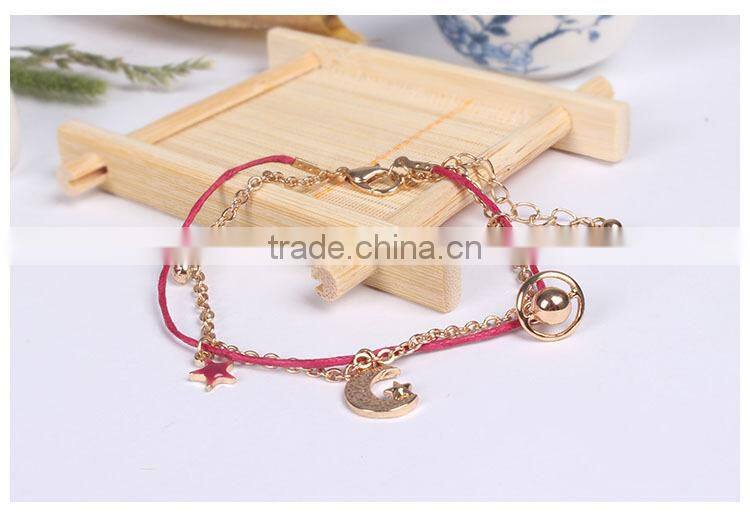 goldfill round smiling face charm bracelet tiny rhinestone charm bracelet colorful rope gold chain layered bracelet