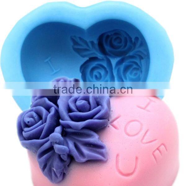 Valentine's Day heart shape 3D silicone rubber Soap Molds with embossed rose flower