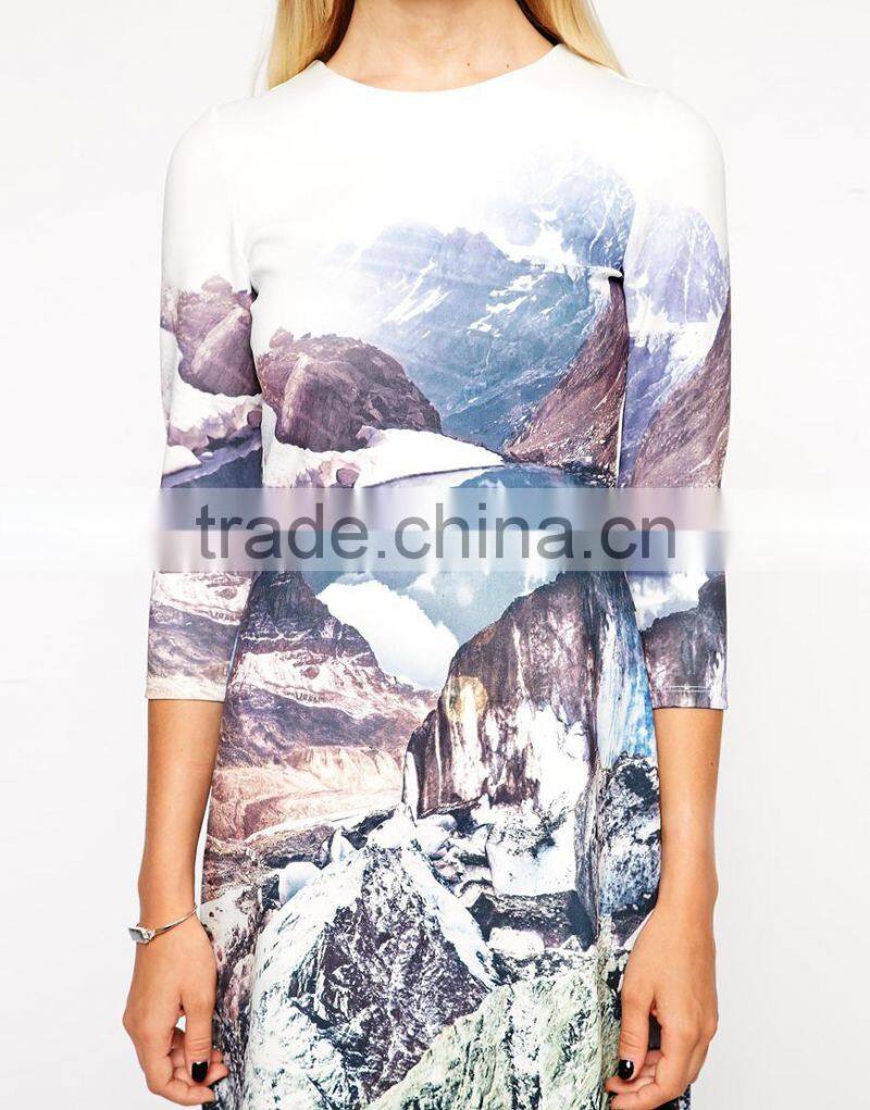 fashion long sleeve ladies short dress wholesale quality digital printed dress