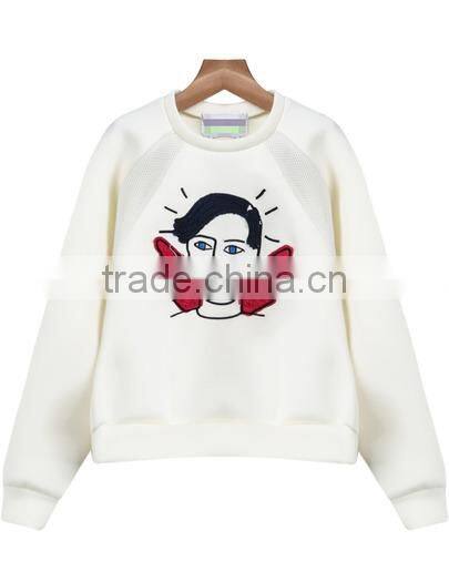 Oem Casual Women Cotton White O neck Long Sleeve Angle Print Crop Hoody