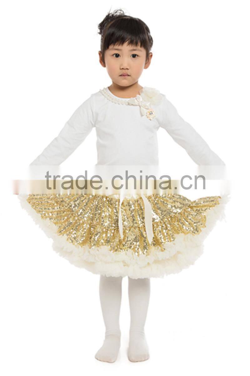 long sleeve flower sequin fluffy pettiskirt for girls- embroidered costume with belt-- stage wear